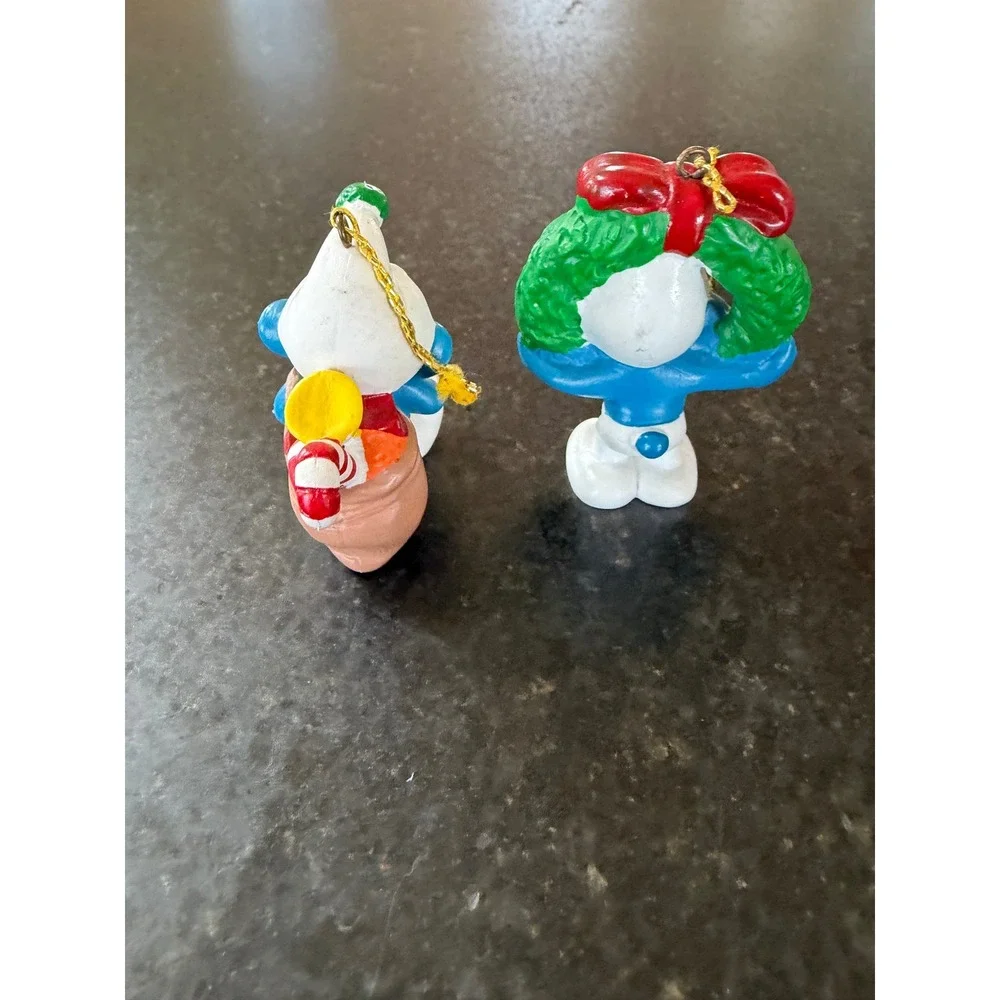 Lot 2 vintage Christmas ornament Smurf wreath gold cord Schleich Peyo